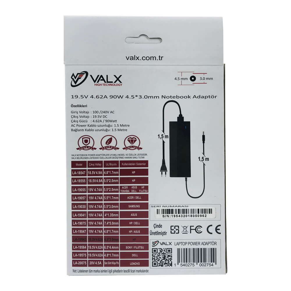 Valx LA-19543 19.5V 4.62A 90W 4.5x3.0 Laptop Adaptör-3